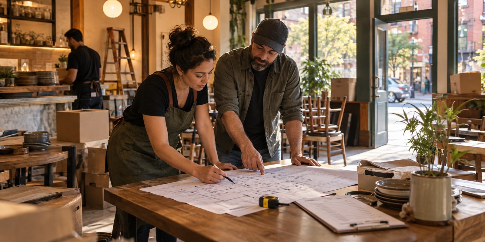 A restaurant owner and supplier reviewing the floor plan of a restaurant being prepared to open